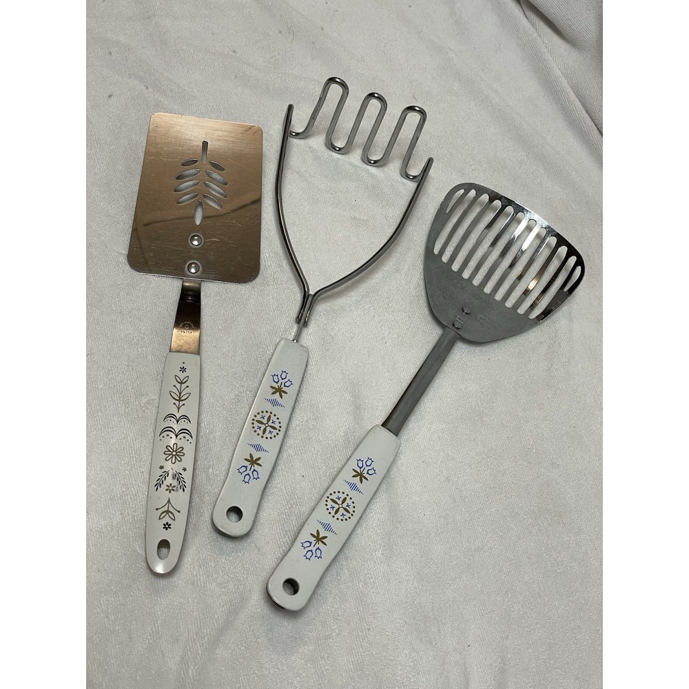 3 Vintage Ekco‎ Blue Tulip Potato Masher & spatula Flint Kitchamajig USA